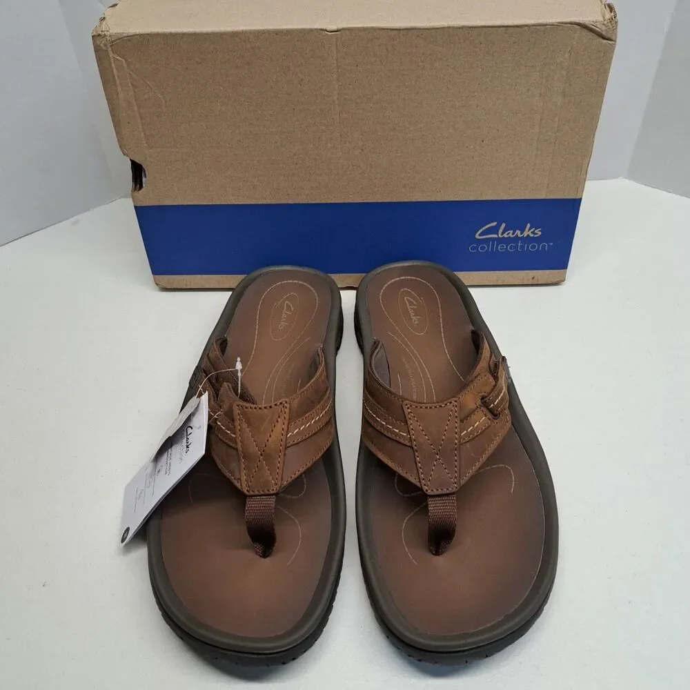 Clarks Mens Wesley Sun Beeswax Brown Leather Flip Flop Thong Sandals Size 11 M
